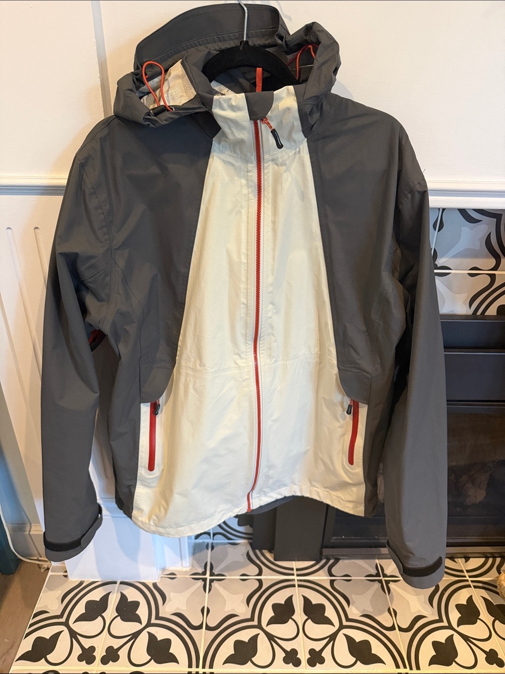 Mondetta Two-Tone Hooded Raincoat in Gray, Cream & Red Accents